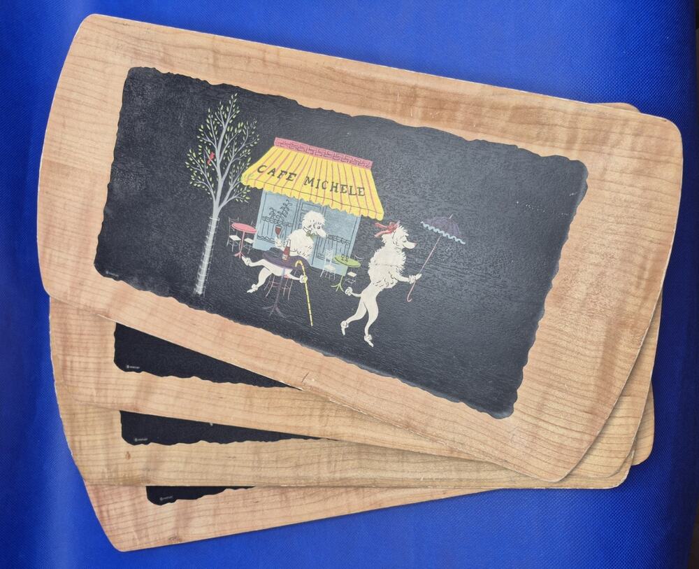 Vintage Kentley Wood Trays Romance of Fifi/Pepe 1952 Set of Four 17.5x8.75"